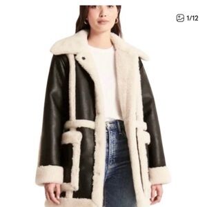 Abercrombie & Fitch Black Shearling-Trim Leather Coat